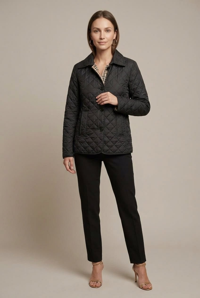 Women Jacket | Diamond-Quilted Fitted Collared Button Front - Evergreen Outfits- Jackets