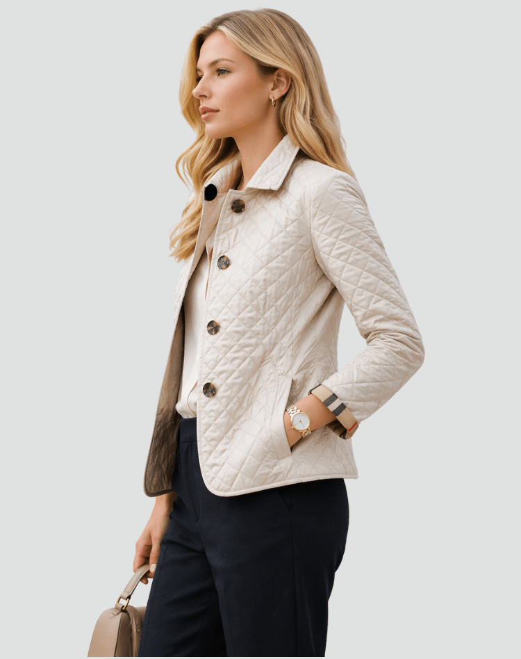 Women Jacket | Diamond-Quilted Regular Fit with Spread Collar - Evergreen Outfits- Jackets
