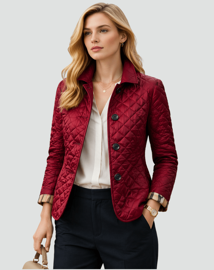 Women Jacket | Diamond-Quilted Regular Fit with Spread Collar - Evergreen Outfits- Jackets