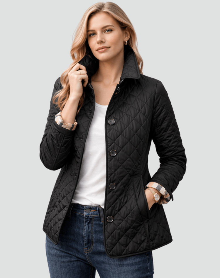 Women Jacket | Diamond-Quilted Regular Fit with Spread Collar - Evergreen Outfits- Jackets