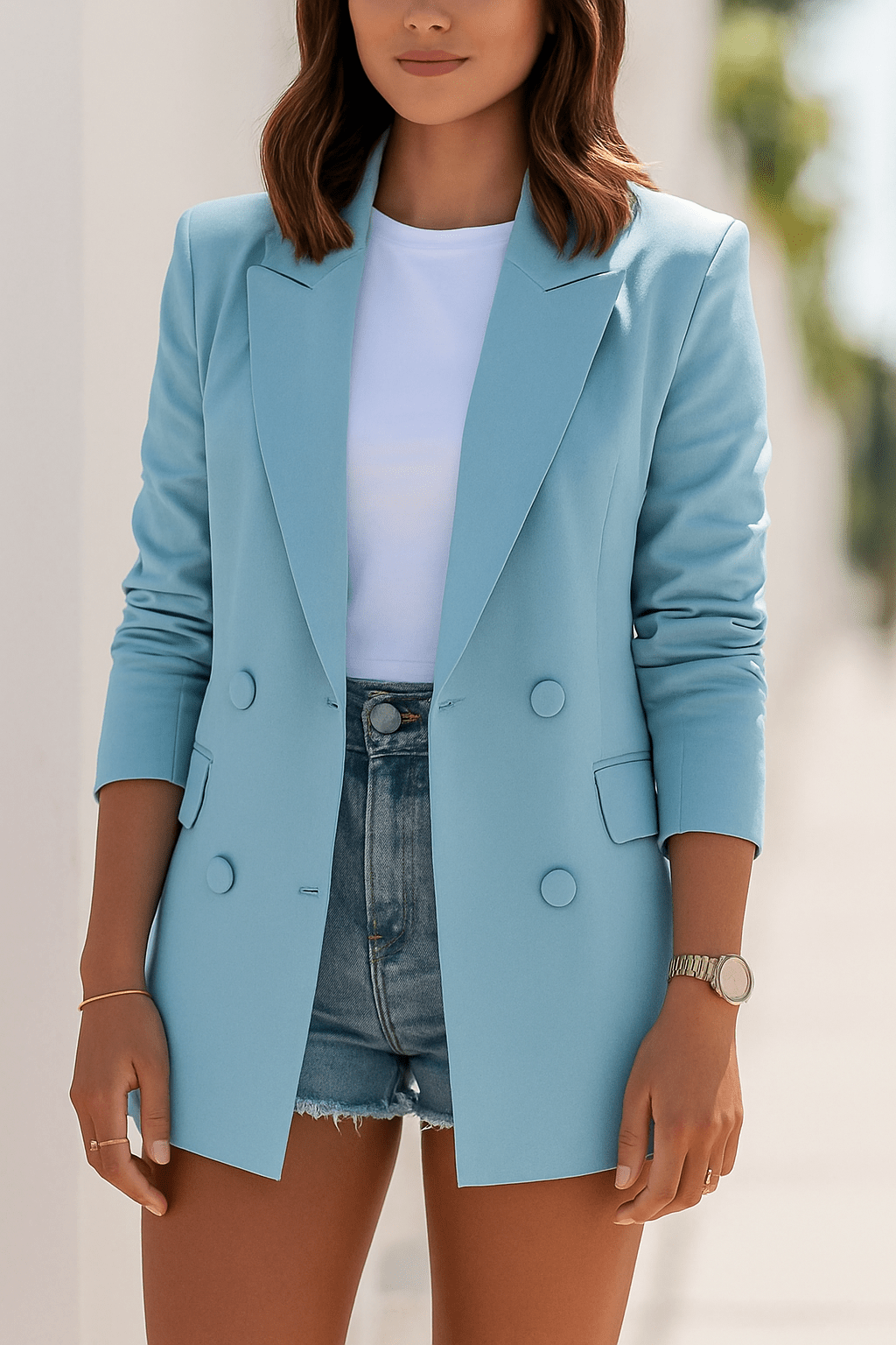 Women Jacket Double Breasted Button Closure Structured Fit - Evergreen Outfits - Women Blazer