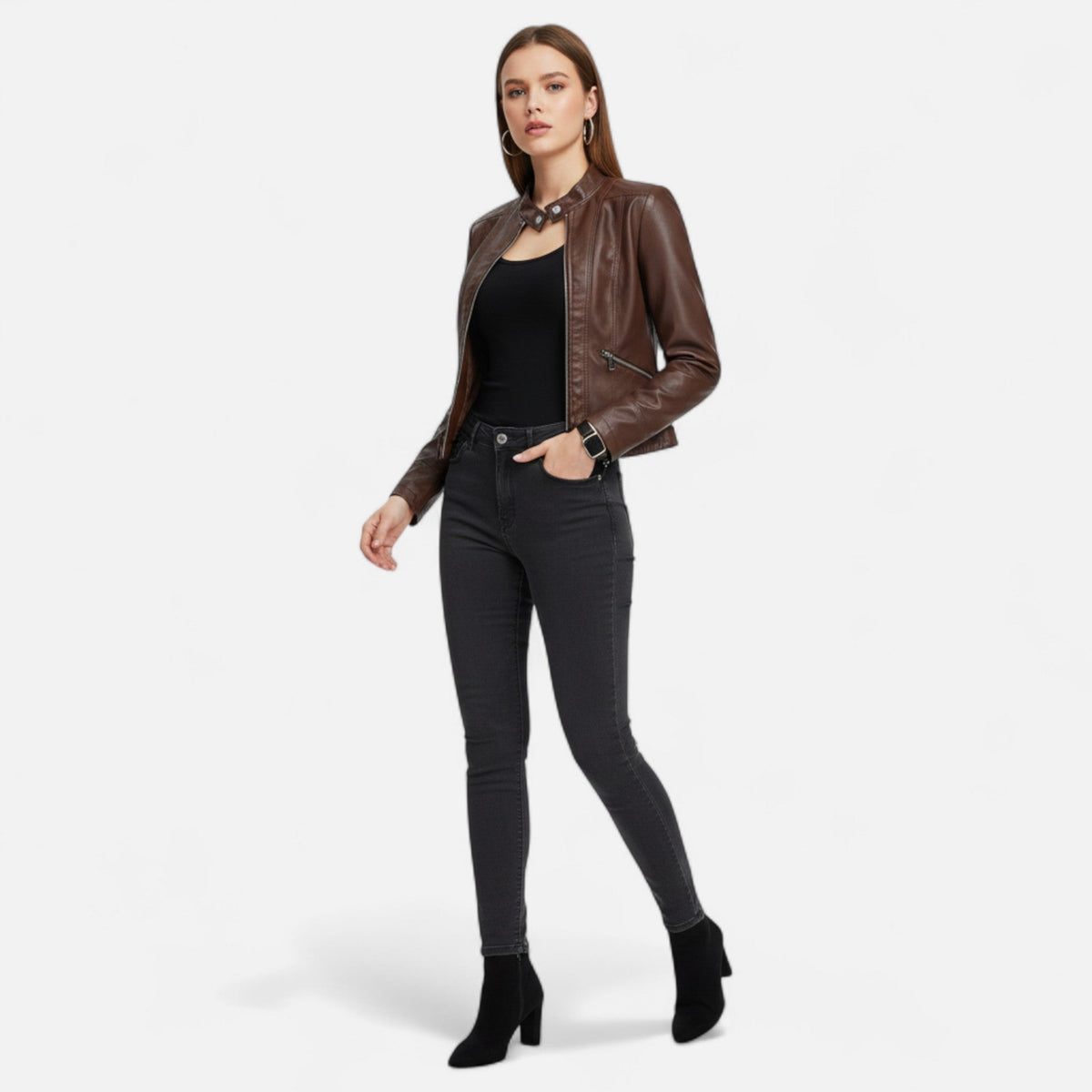 Women Jacket | Fitted Cut with Stand Collar and Zip Front - Evergreen Outfits- Jackets