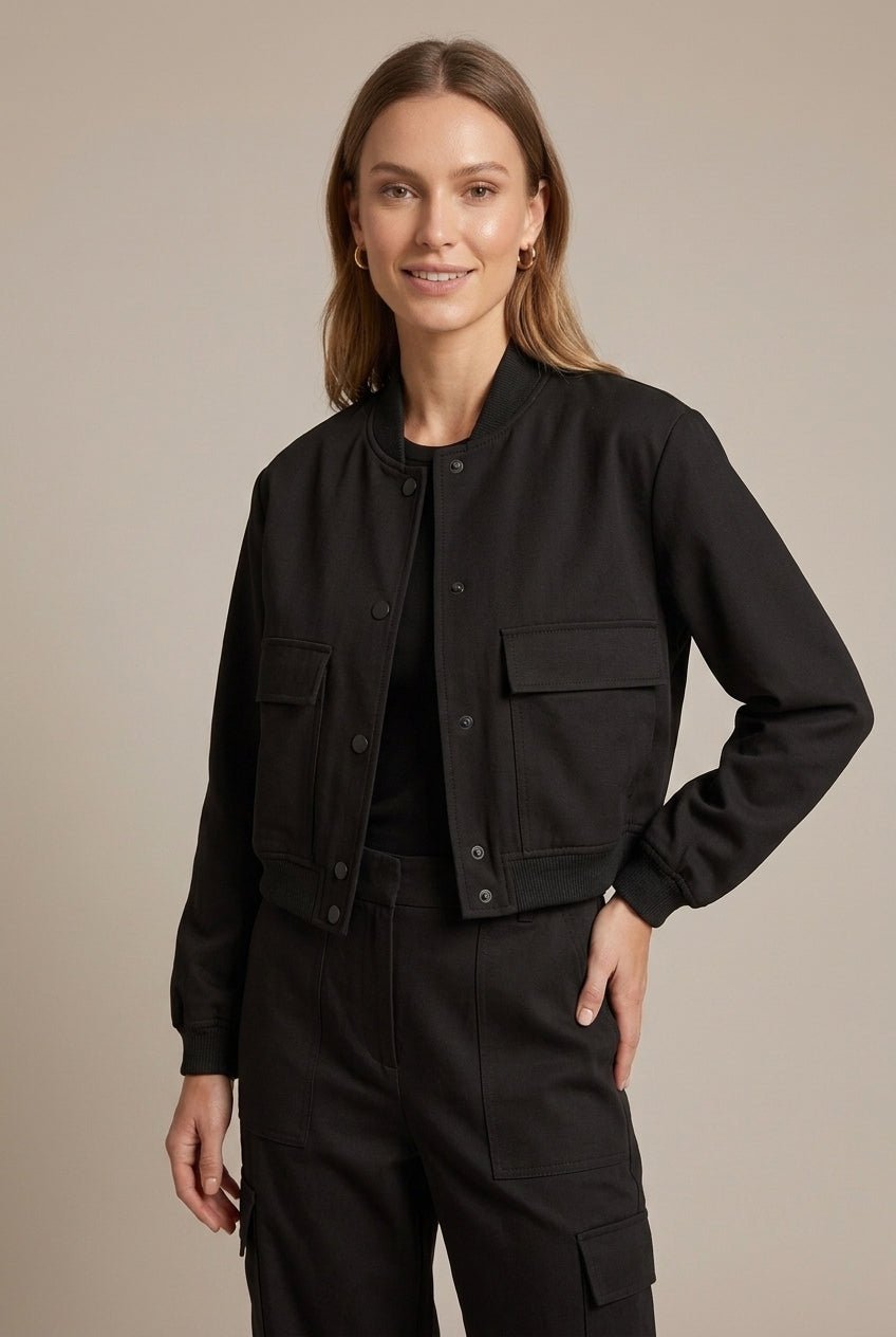Women Jacket | Relaxed Fit Bomber with Button Front Closure - Evergreen Outfits- Jackets