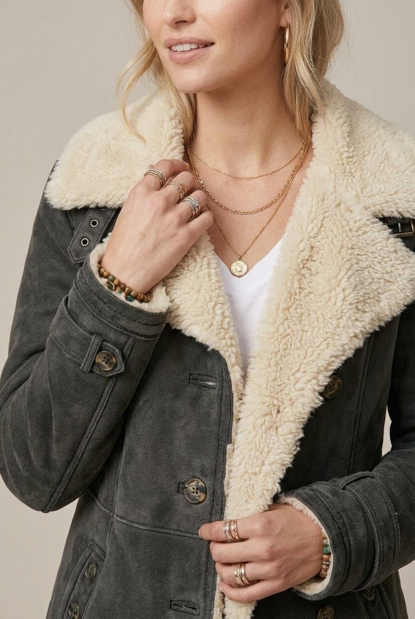 Women Jacket | Relaxed Fit with Sherpa Collar and Open Front - Evergreen Outfits- Jackets