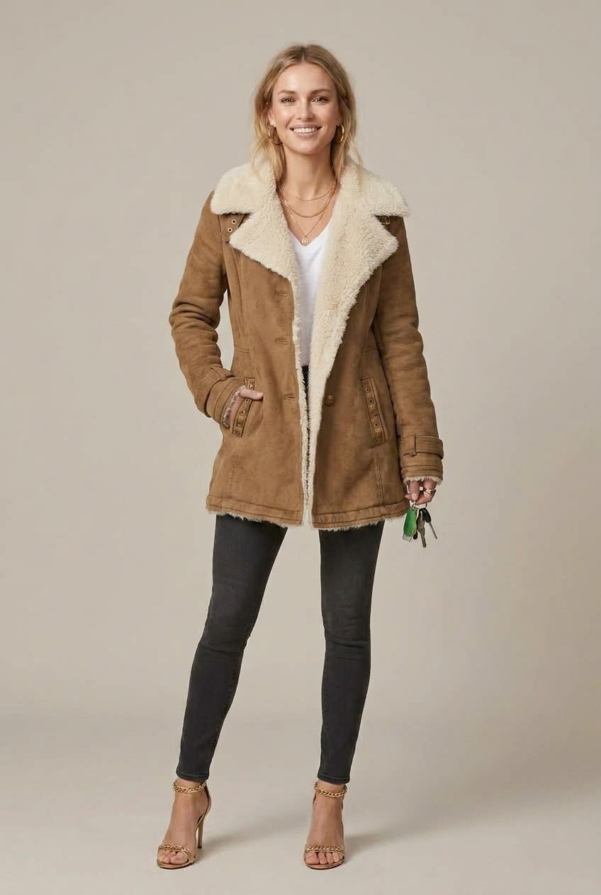 Women Jacket | Relaxed Fit with Sherpa Collar and Open Front - Evergreen Outfits- Jackets