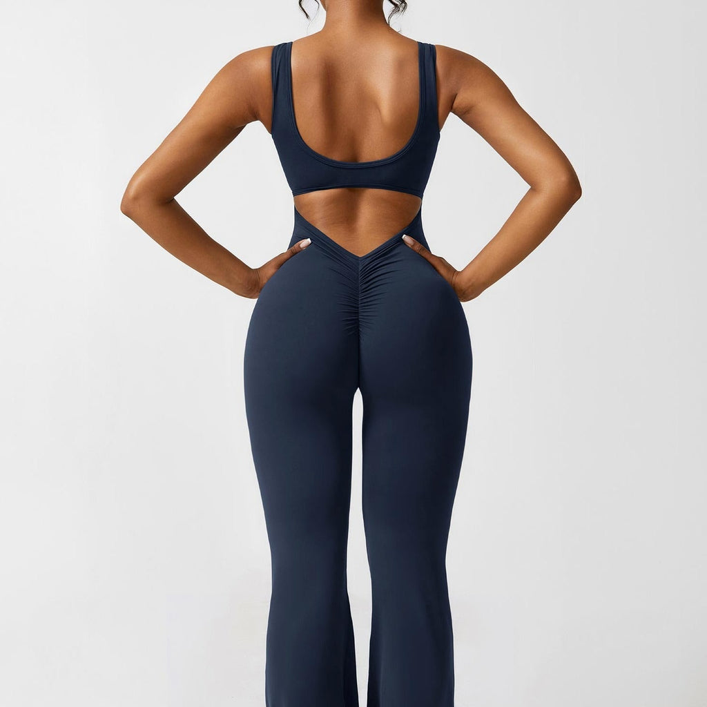 Women Jumpsuit Deep V Neck Cut - Out Back Pleated Fit - Evergreen Outfits - Women Jumpsuit