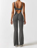 Women Jumpsuit Deep V Neck Cut - Out Back Pleated Fit - Evergreen Outfits - Women Jumpsuit