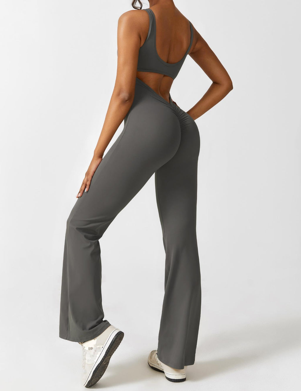 Women Jumpsuit Deep V Neck Cut - Out Back Pleated Fit - Evergreen Outfits - Women Jumpsuit
