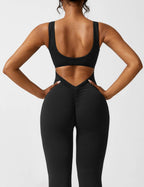 Women Jumpsuit Deep V Neck Cut - Out Back Pleated Fit - Evergreen Outfits - Women Jumpsuit