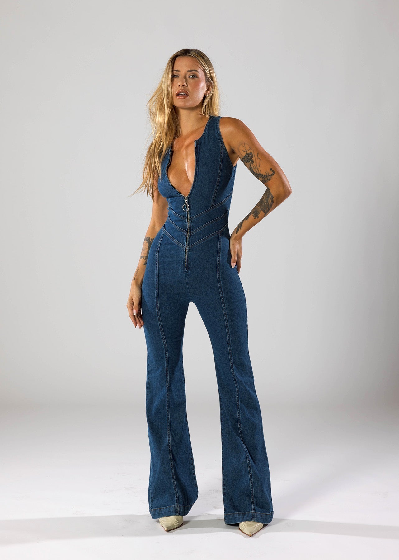 Women Jumpsuit Fitted Plunge Heart Neck Zip Closure Detail - Evergreen Outfits - Women Jumpsuit