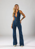 Women Jumpsuit Fitted Plunge Heart Neck Zip Closure Detail - Evergreen Outfits - Women Jumpsuit
