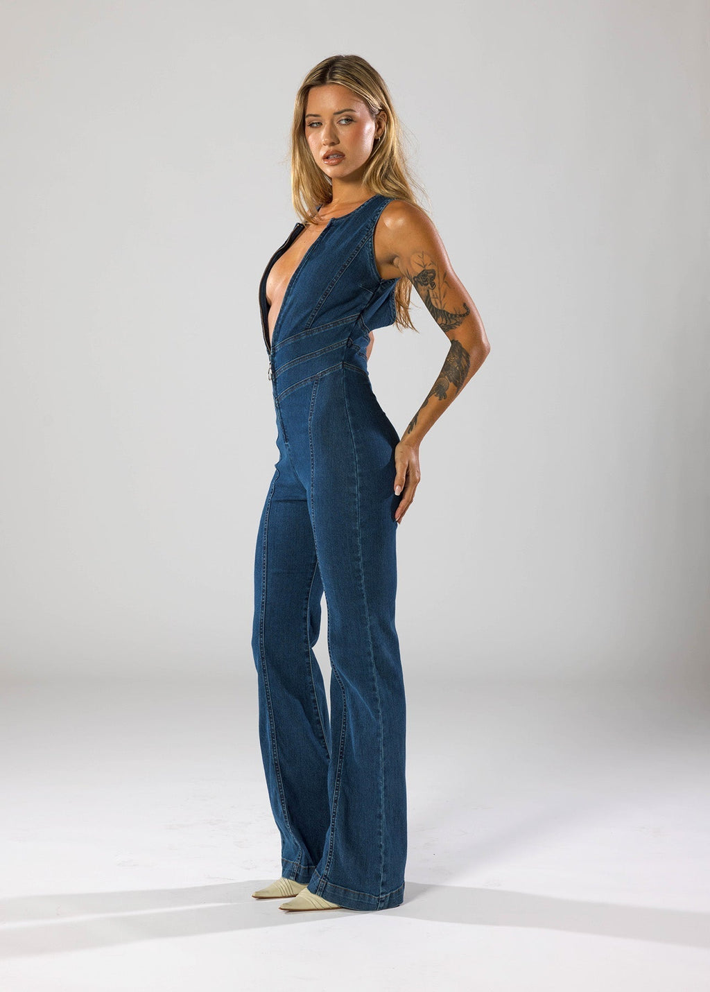 Women Jumpsuit Fitted Plunge Heart Neck Zip Closure Detail - Evergreen Outfits - Women Jumpsuit