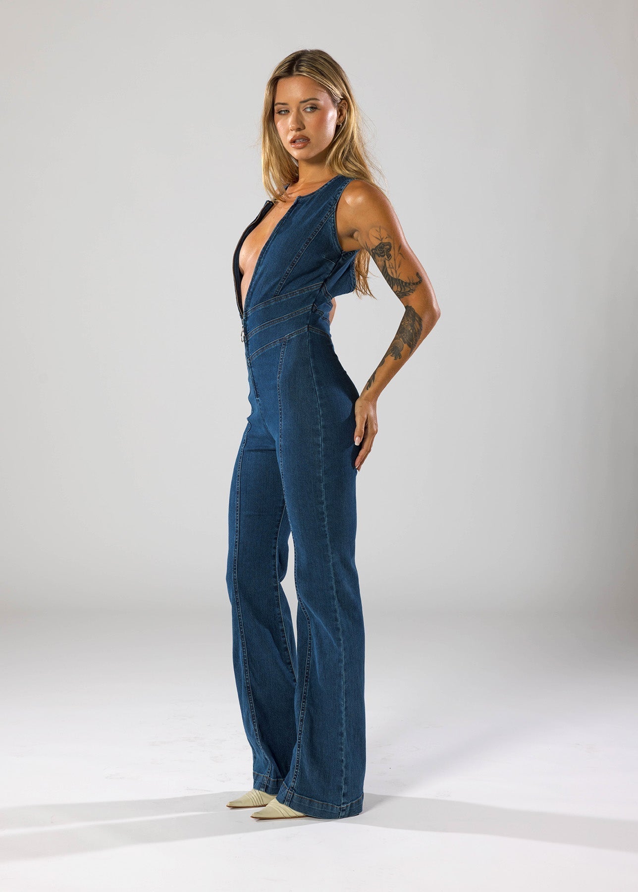 Women Jumpsuit Fitted Plunge Heart Neck Zip Closure Detail - Evergreen Outfits - Women Jumpsuit