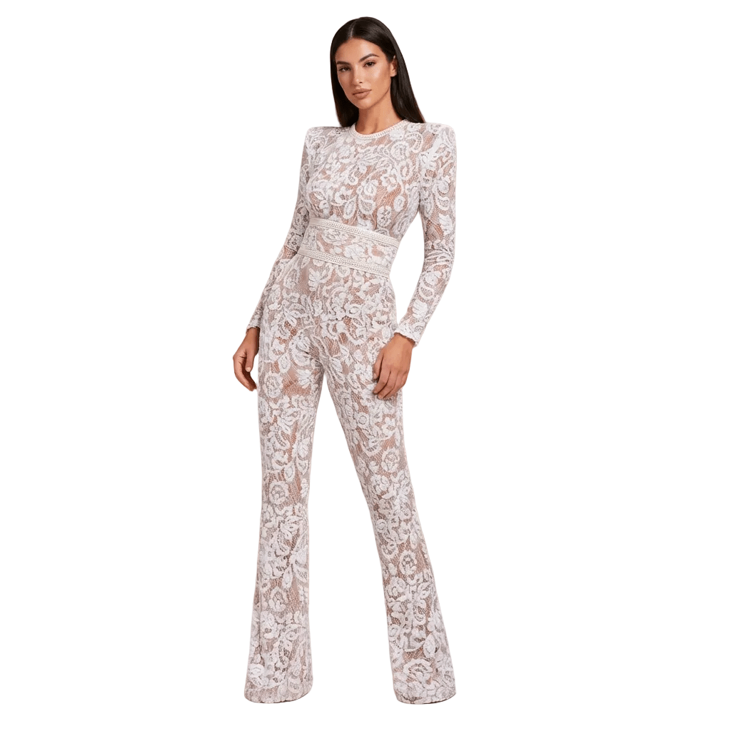 Women Jumpsuit Fitted Waist Flared Leg Lace Design Detail - Evergreen Outfits - Women Jumpsuit