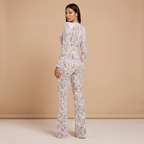 Women Jumpsuit Fitted Waist Flared Leg Lace Design Detail - Evergreen Outfits - Women Jumpsuit