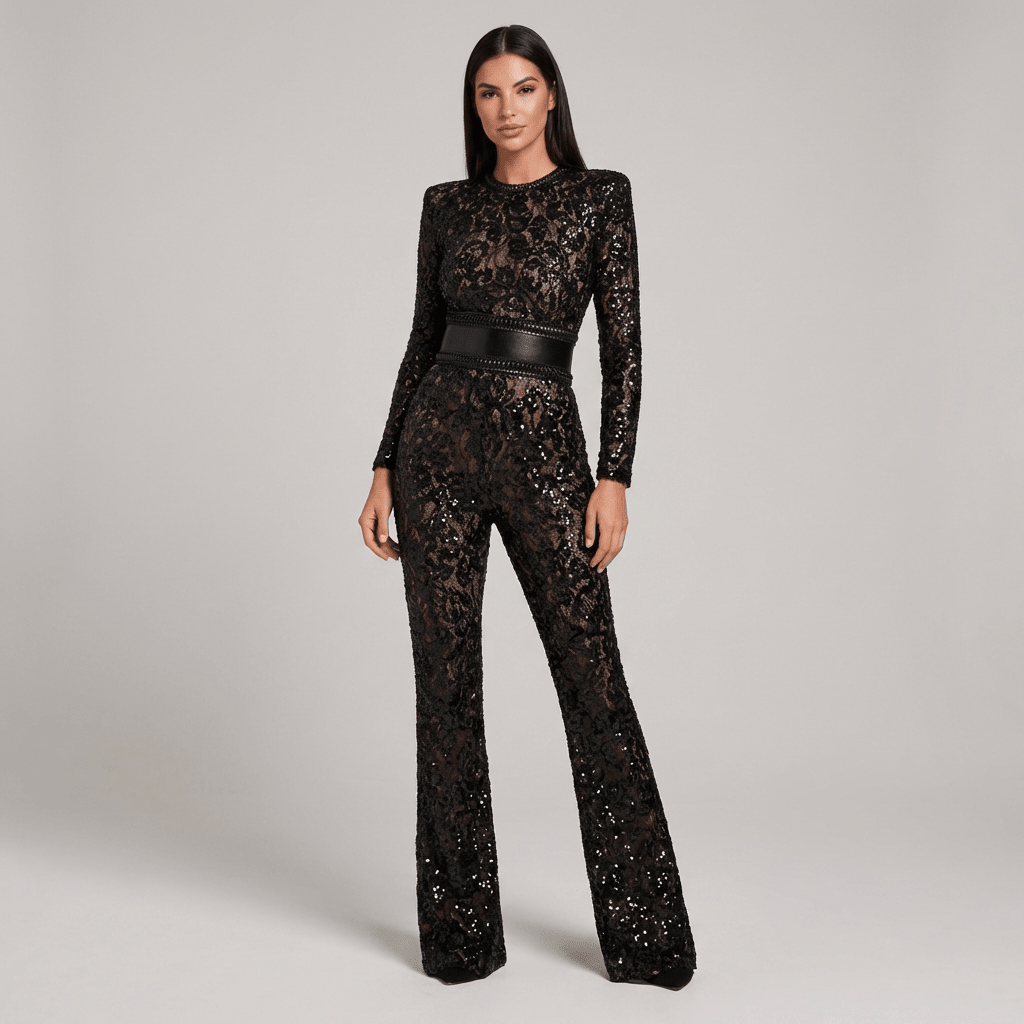 Women Jumpsuit Fitted Waist Flared Leg Lace Design Detail - Evergreen Outfits - Women Jumpsuit