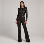 Women Jumpsuit Fitted Waist Flared Leg Lace Design Detail - Evergreen Outfits - Women Jumpsuit