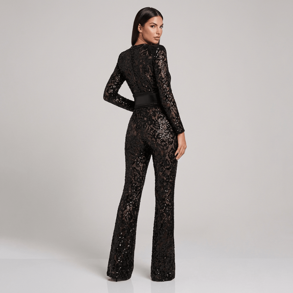 Women Jumpsuit Fitted Waist Flared Leg Lace Design Detail - Evergreen Outfits - Women Jumpsuit