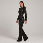Women Jumpsuit Fitted Waist Flared Leg Lace Design Detail - Evergreen Outfits - Women Jumpsuit