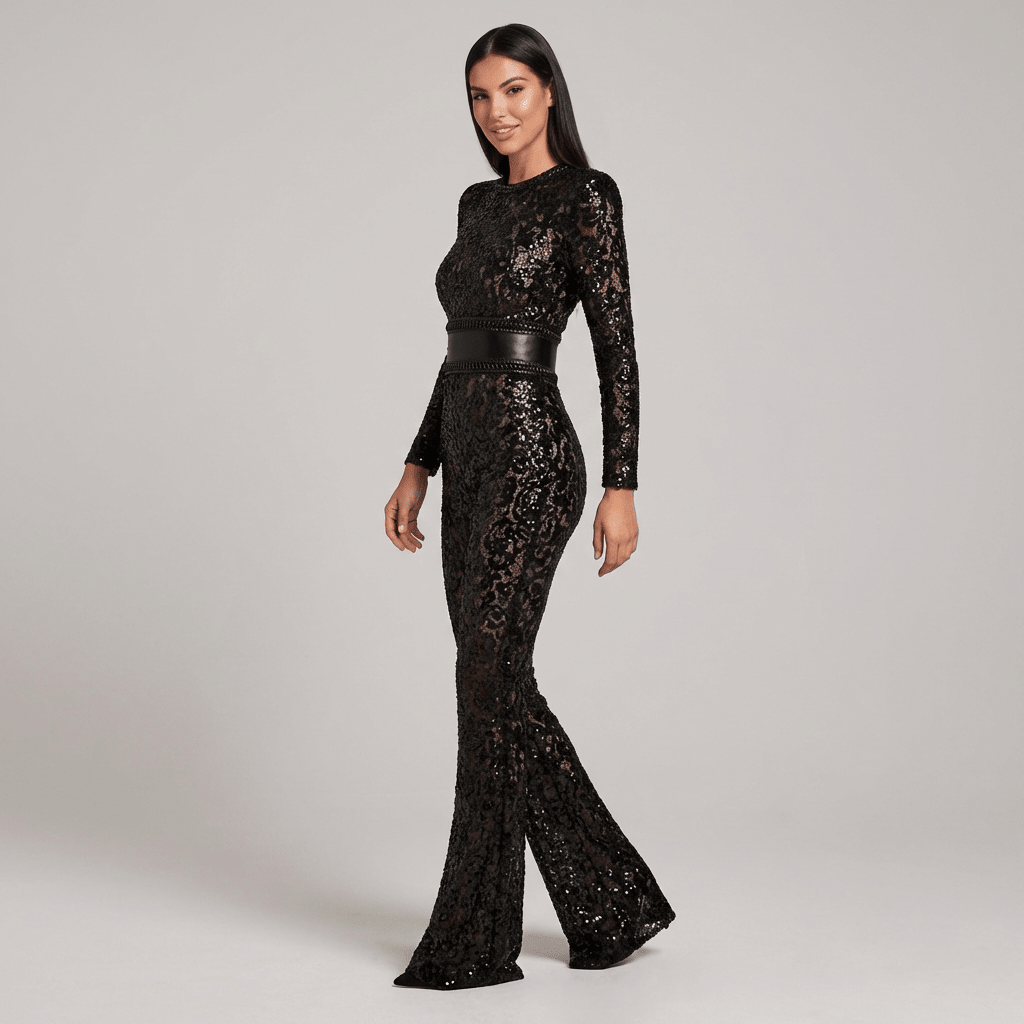 Women Jumpsuit Fitted Waist Flared Leg Lace Design Detail - Evergreen Outfits - Women Jumpsuit