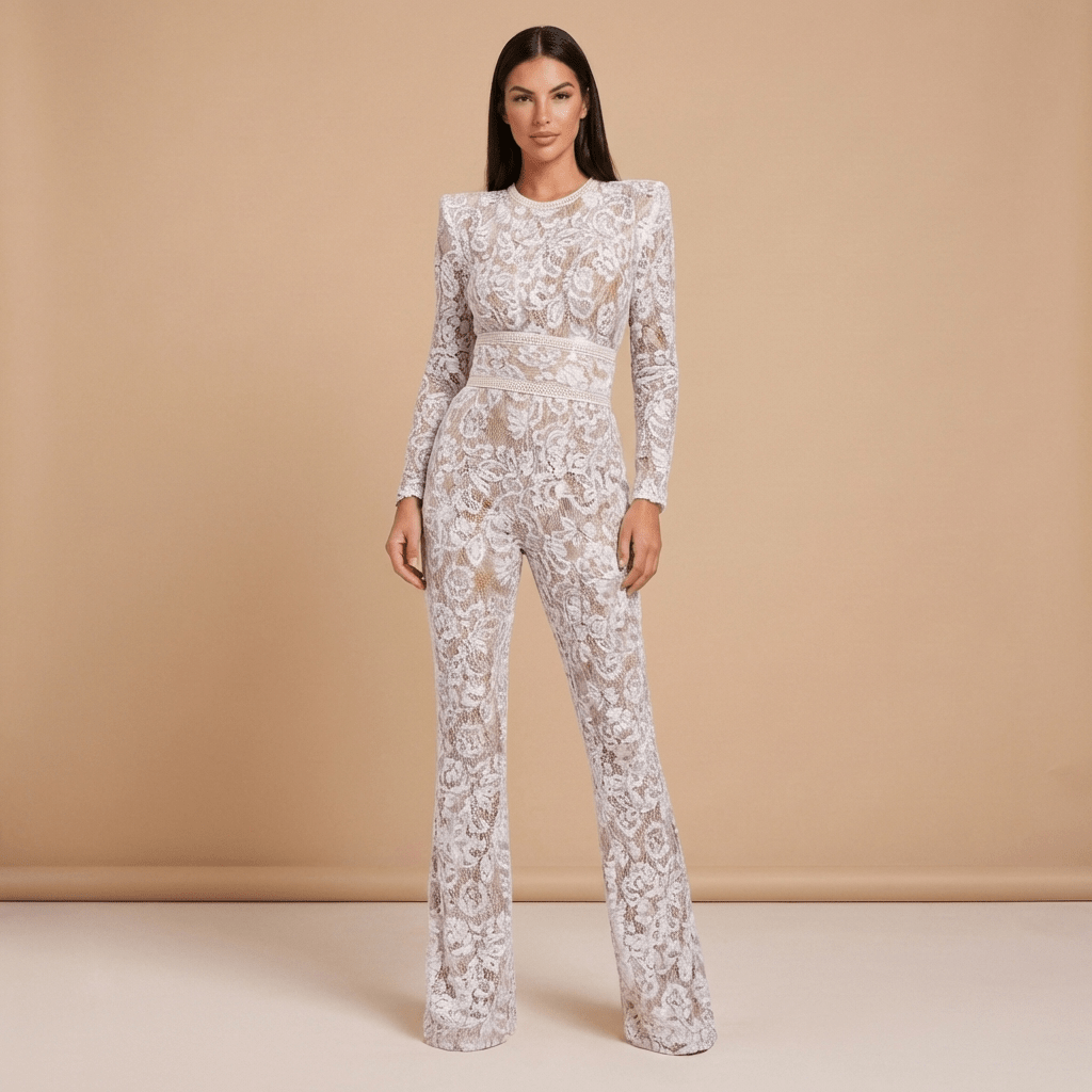 Women Jumpsuit Fitted Waist Flared Leg Lace Design Detail - Evergreen Outfits - Women Jumpsuit