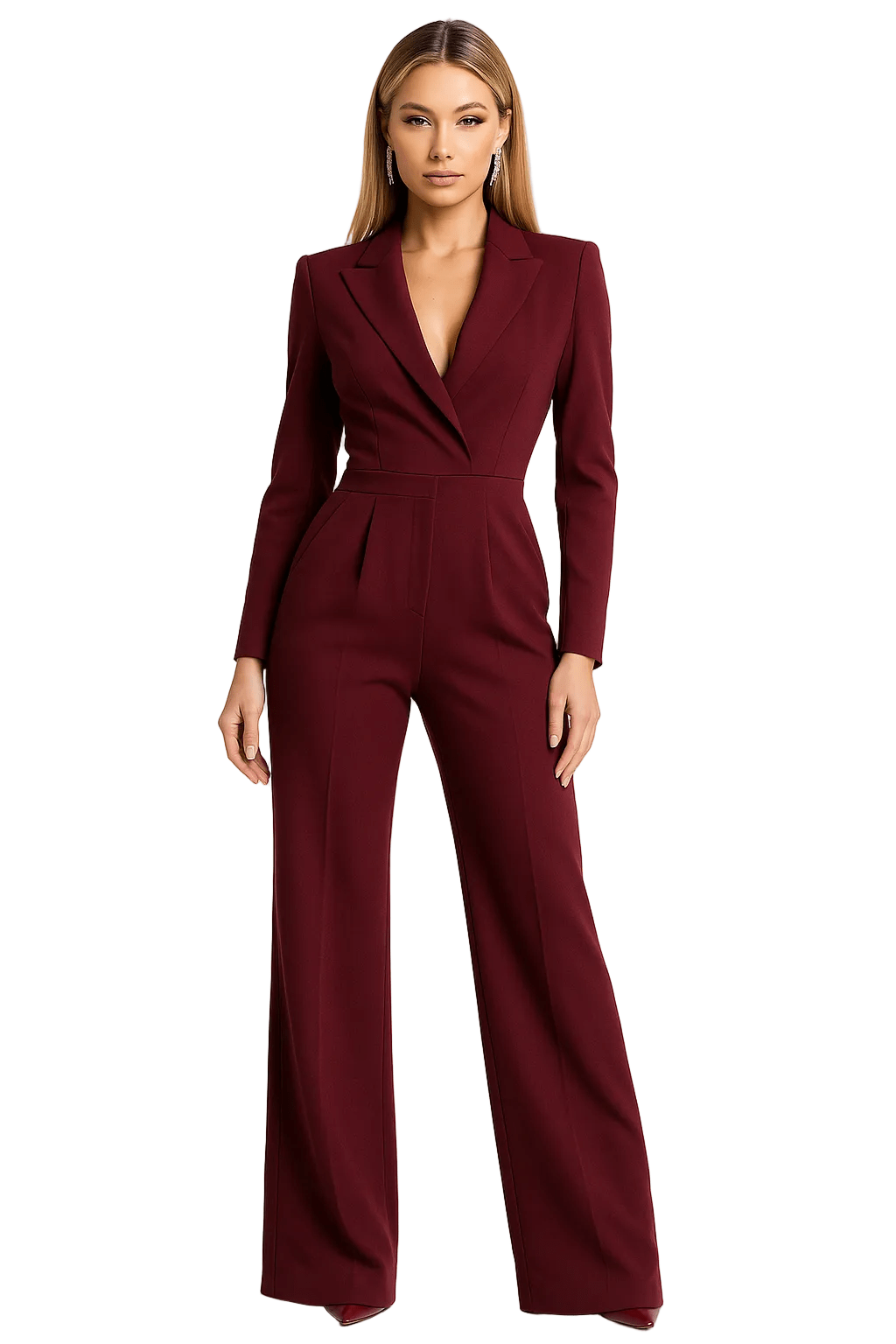 Women Jumpsuit Long Sleeve Plunging V Neck Wide Leg Fit - Evergreen Outfits - Women Jumpsuit