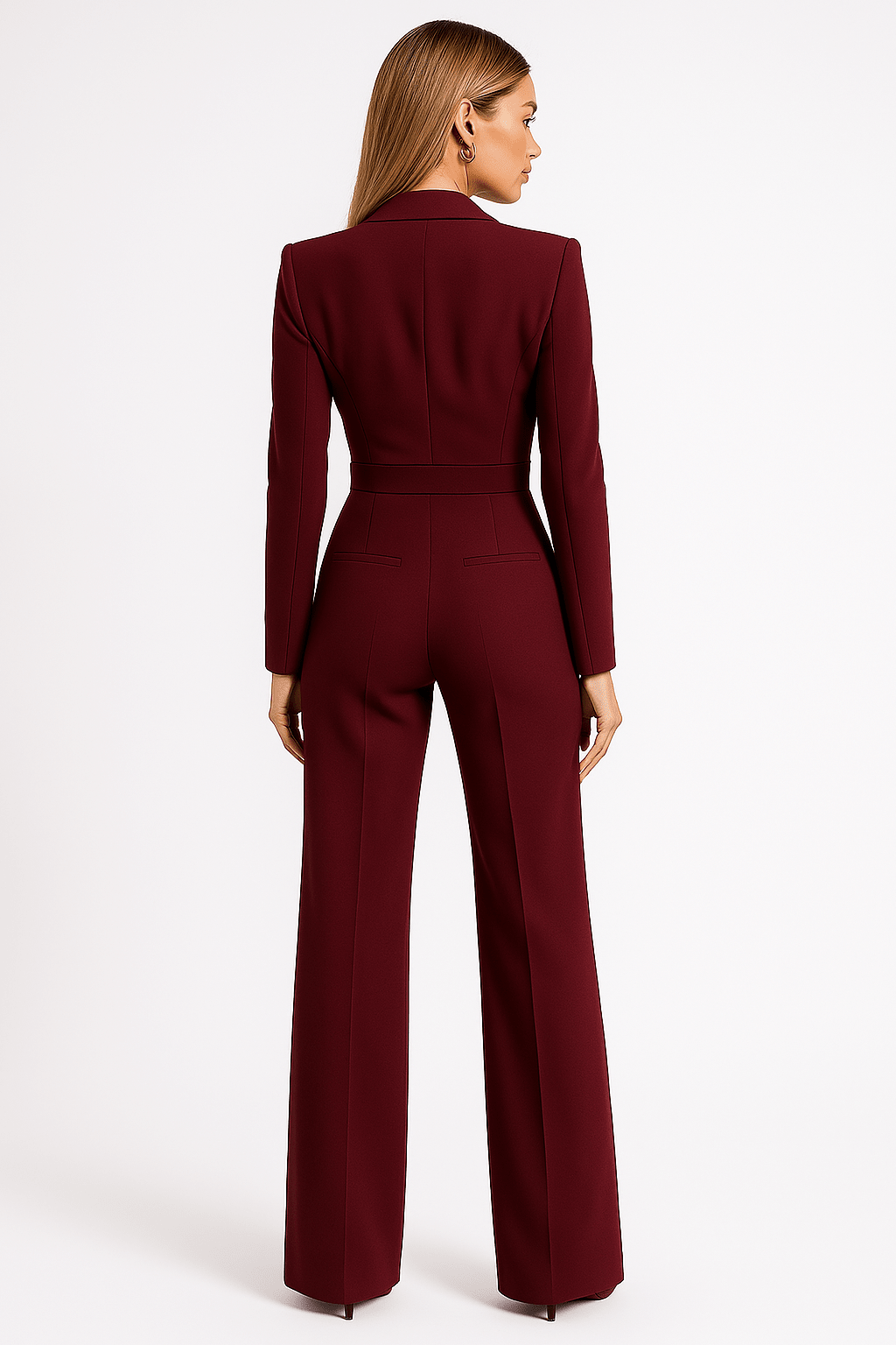 Women Jumpsuit Long Sleeve Plunging V Neck Wide Leg Fit - Evergreen Outfits - Women Jumpsuit