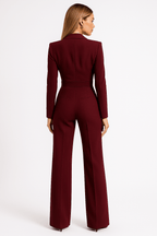 Women Jumpsuit Long Sleeve Plunging V Neck Wide Leg Fit - Evergreen Outfits - Women Jumpsuit
