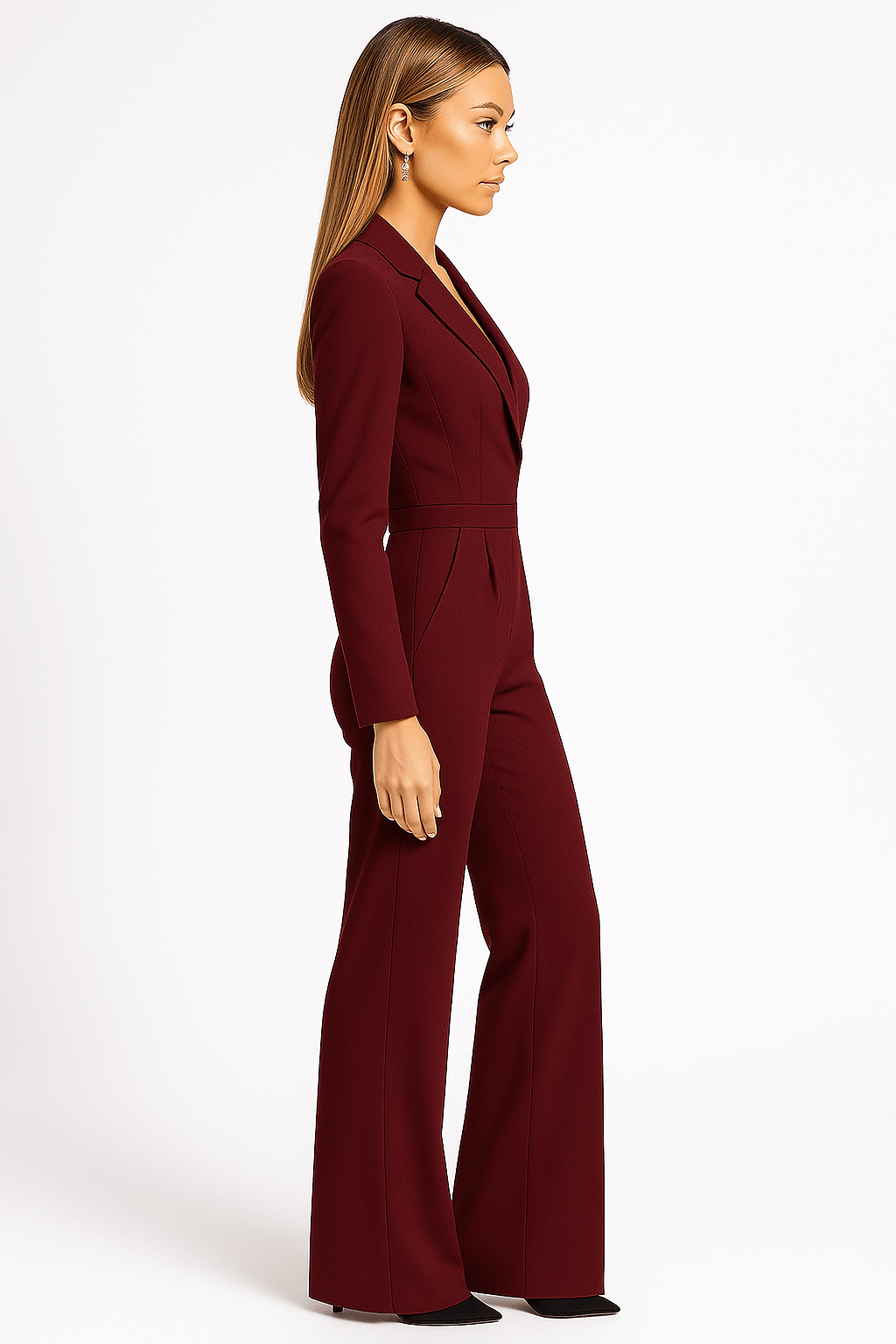 Women Jumpsuit Long Sleeve Plunging V Neck Wide Leg Fit - Evergreen Outfits - Women Jumpsuit