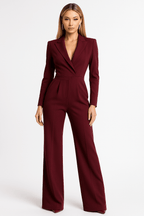 Women Jumpsuit Long Sleeve Plunging V Neck Wide Leg Fit - Evergreen Outfits - Women Jumpsuit