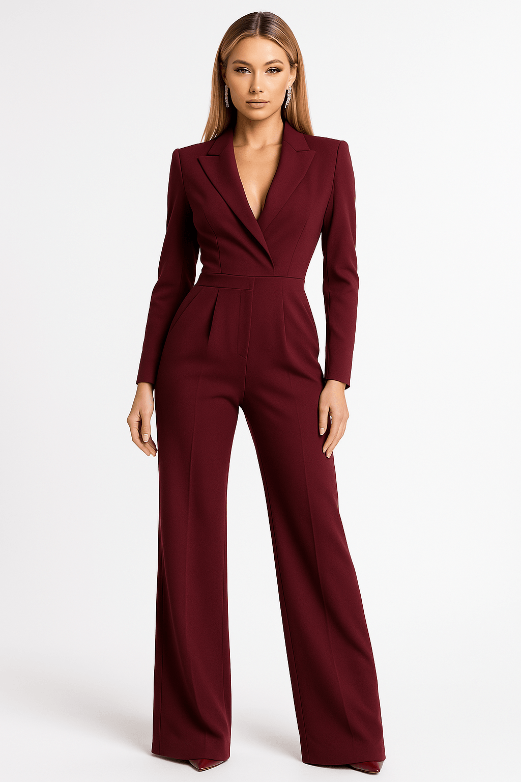 Women Jumpsuit Long Sleeve Plunging V Neck Wide Leg Fit - Evergreen Outfits - Women Jumpsuit