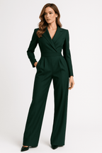 Women Jumpsuit Long Sleeve Plunging V Neck Wide Leg Fit - Evergreen Outfits - Women Jumpsuit