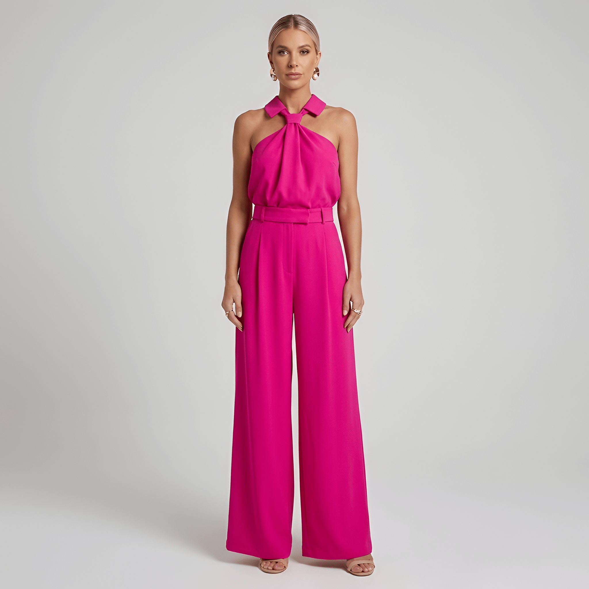 Women Jumpsuit Sleeveless Halter Neck Wide Leg Fit Design - Evergreen Outfits - Women Jumpsuit