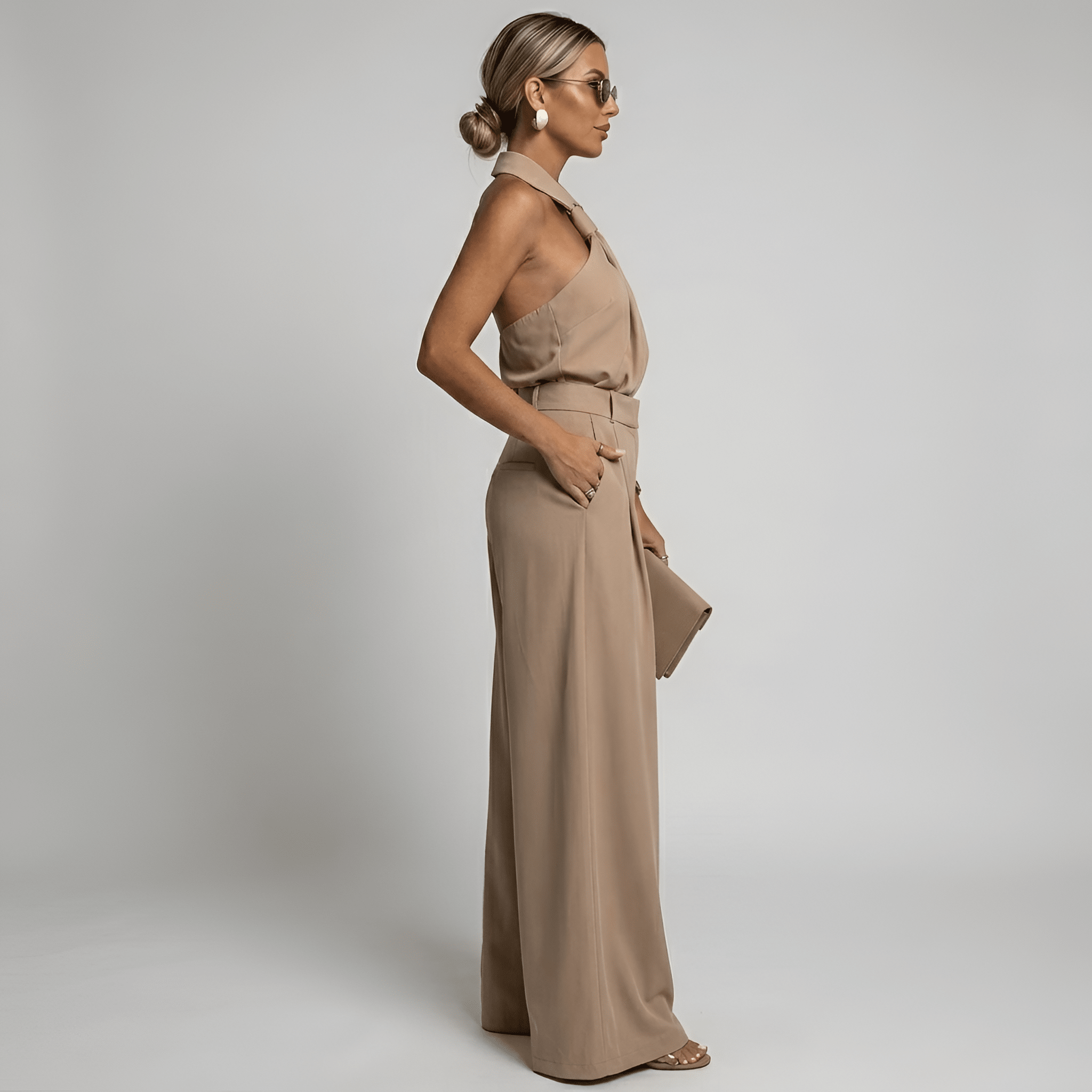 Women Jumpsuit Sleeveless Halter Neck Wide Leg Fit Design - Evergreen Outfits - Women Jumpsuit