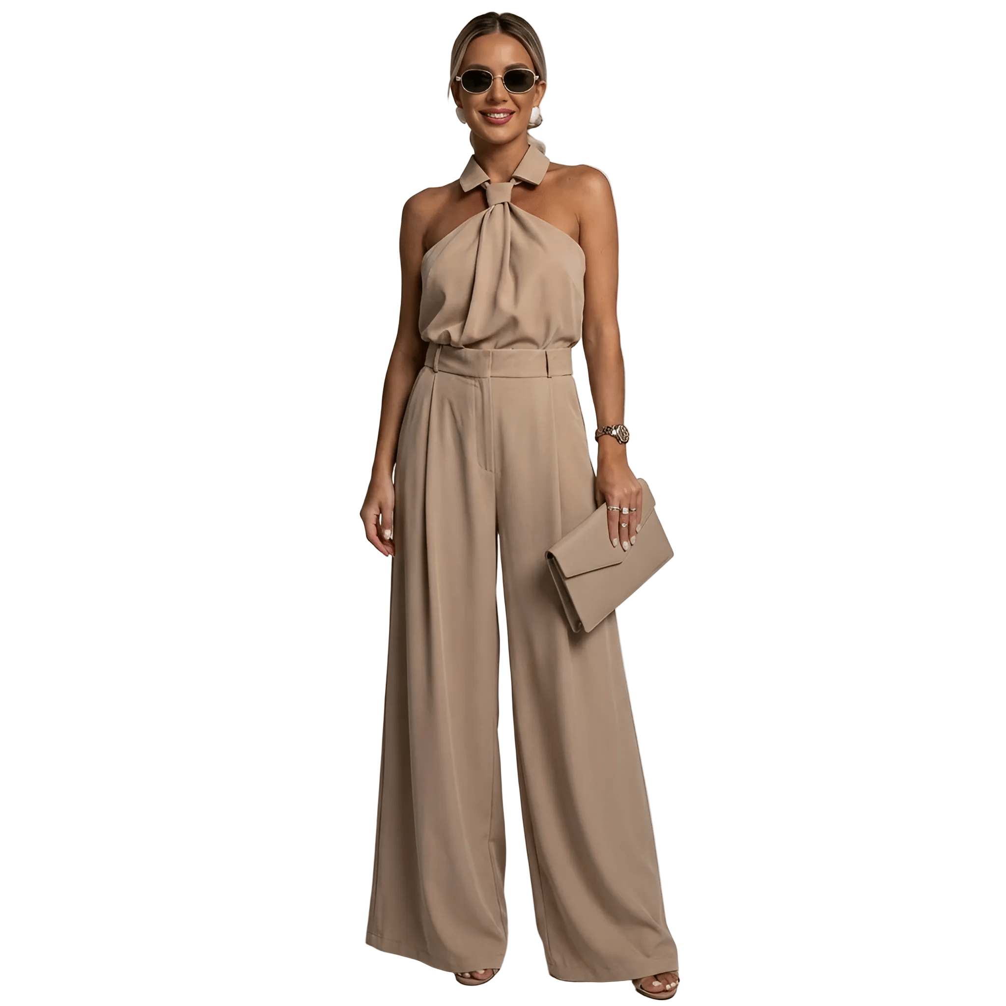 Women Jumpsuit Sleeveless Halter Neck Wide Leg Fit Design - Evergreen Outfits - Women Jumpsuit