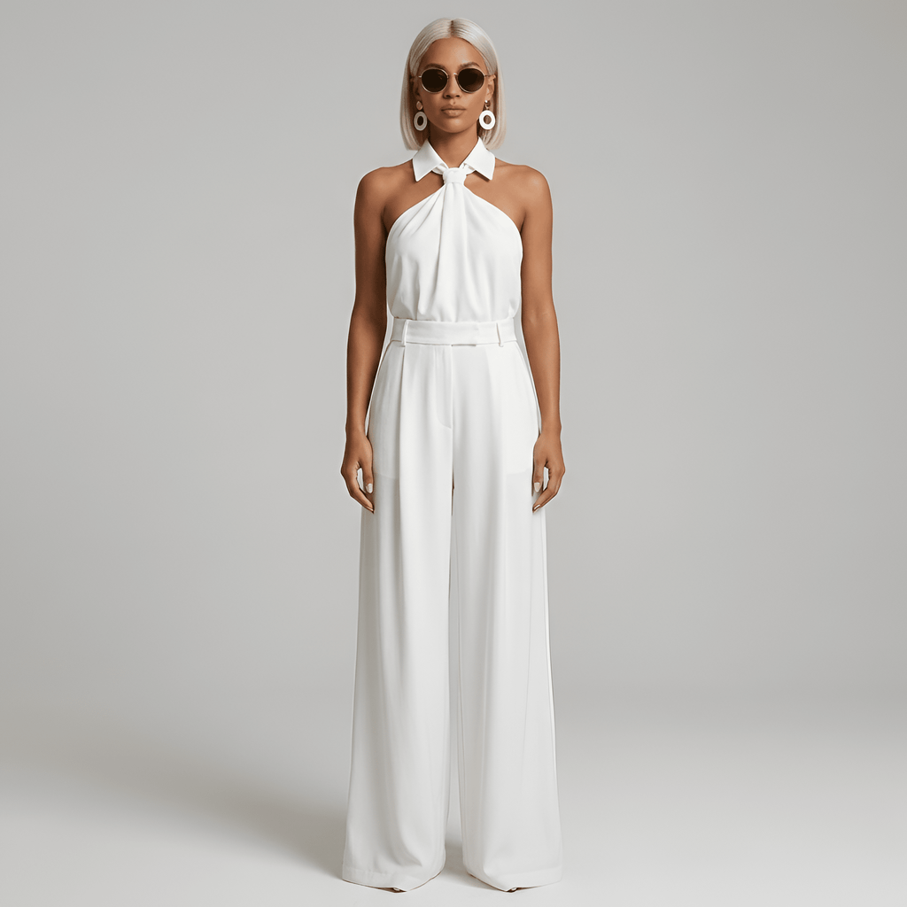 Women Jumpsuit Sleeveless Halter Neck Wide Leg Fit Design - Evergreen Outfits - Women Jumpsuit