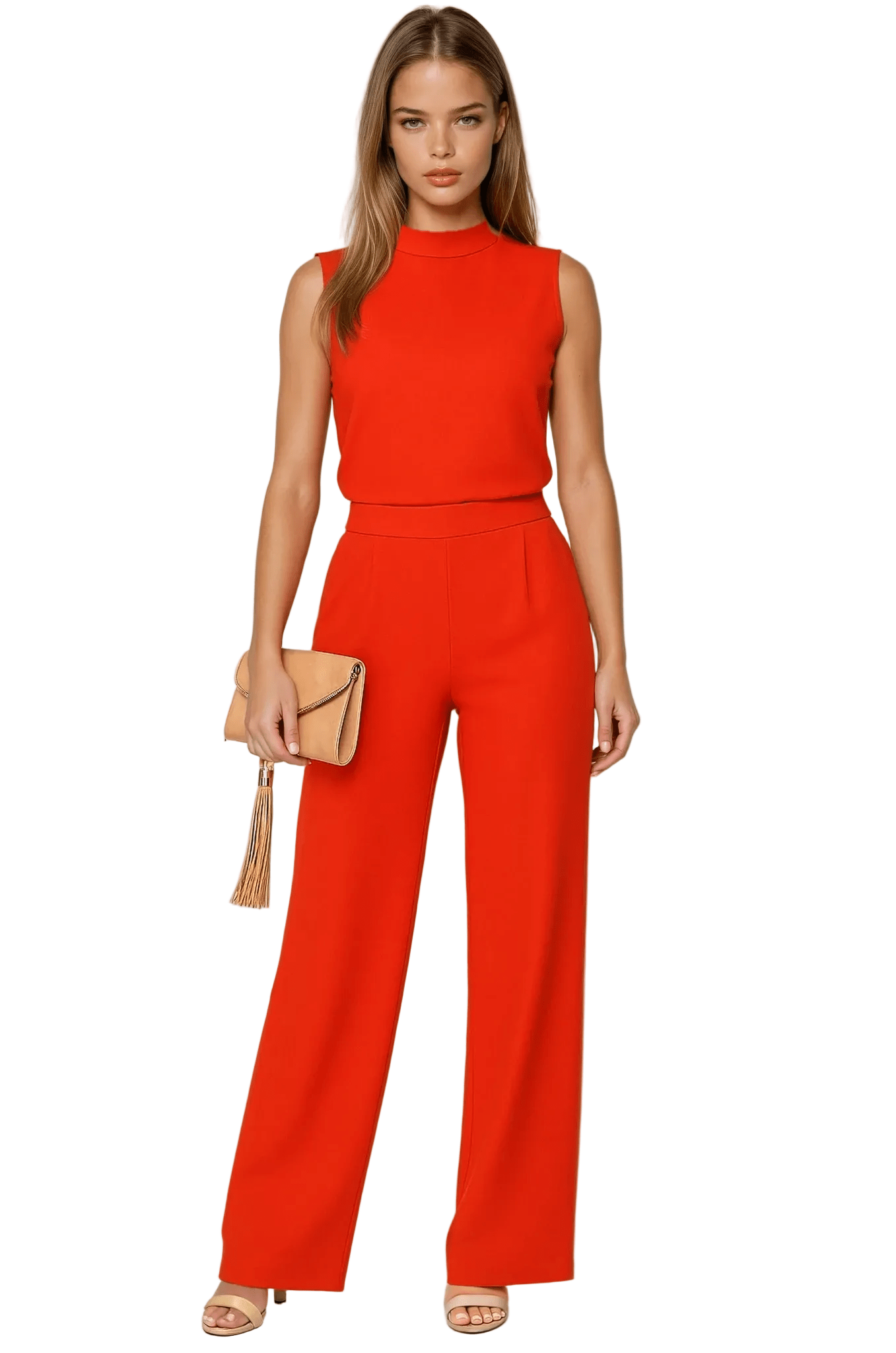Women Jumpsuit Sleeveless Mock Neck Wide Leg Fit Design - Evergreen Outfits - Women Jumpsuit