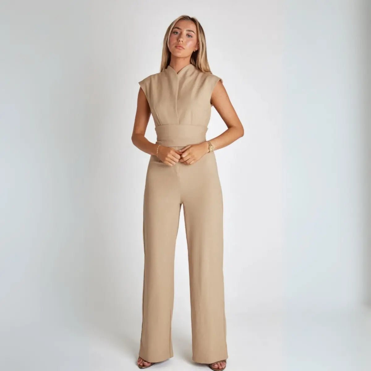 Women Jumpsuit Sleeveless Tailored Full Length Wide Leg Fit - Evergreen Outfits - Women Jumpsuit