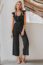 Women Jumpsuit | V-Neck Ruffle Trim with Tie-Waist Belt - Evergreen Outfits- Suits
