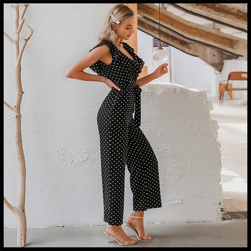 Women Jumpsuit | V-Neck Ruffle Trim with Tie-Waist Belt - Evergreen Outfits- Suits