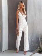 Women Jumpsuit V - Neck Sleeveless Wide Leg Fitted Bodice - Evergreen Outfits - Women Jumpsuit