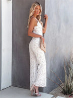 Women Jumpsuit V - Neck Sleeveless Wide Leg Fitted Bodice - Evergreen Outfits - Women Jumpsuit