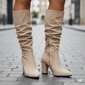 Women Knee High Boots Pull On Pointed Toe Block Heel - Evergreen Outfits - Women Boots