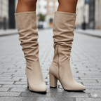 Women Knee High Boots Pull On Pointed Toe Block Heel - Evergreen Outfits - Women Boots