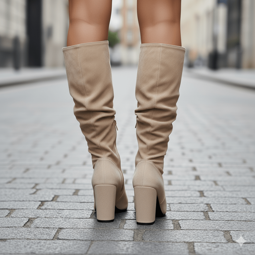 Women Knee High Boots Pull On Pointed Toe Block Heel - Evergreen Outfits - Women Boots