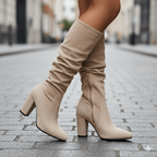 Women Knee High Boots Pull On Pointed Toe Block Heel - Evergreen Outfits - Women Boots
