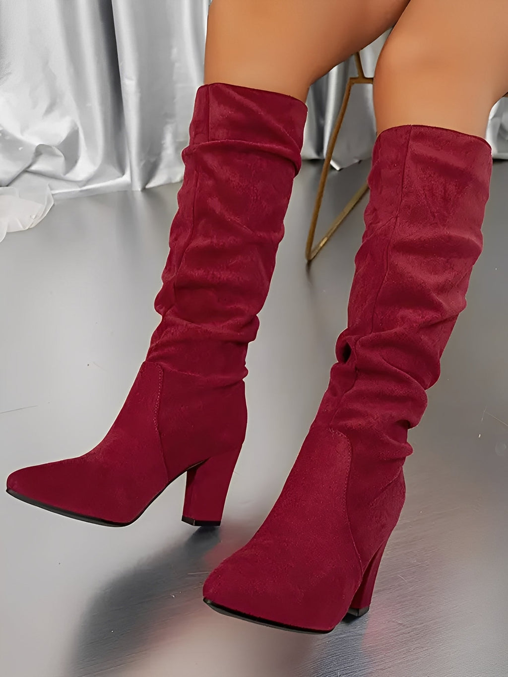 Women Knee High Boots Pull On Pointed Toe Block Heel - Evergreen Outfits - Women Boots
