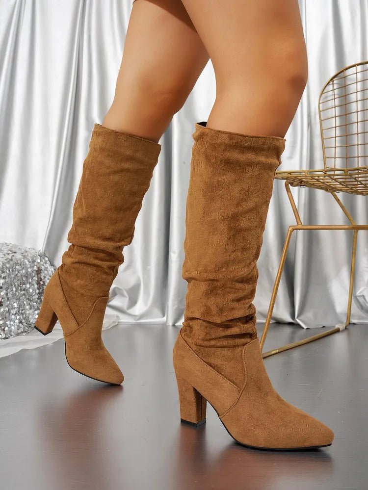 Women Knee High Boots Pull On Pointed Toe Block Heel - Evergreen Outfits - Women Boots