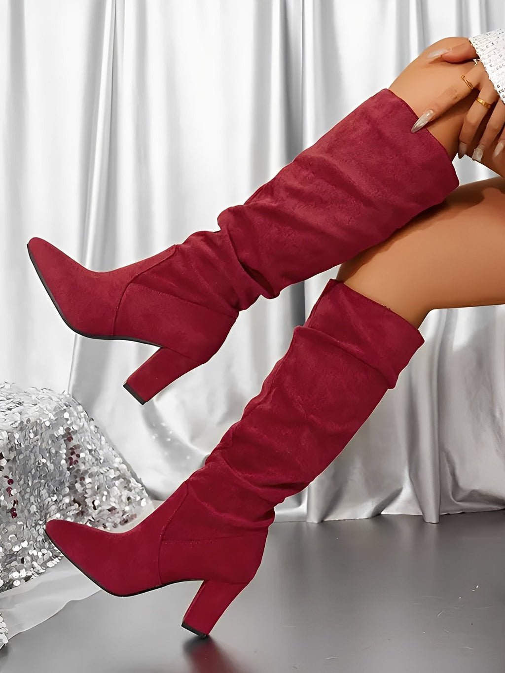 Women Knee High Boots Pull On Pointed Toe Block Heel - Evergreen Outfits - Women Boots