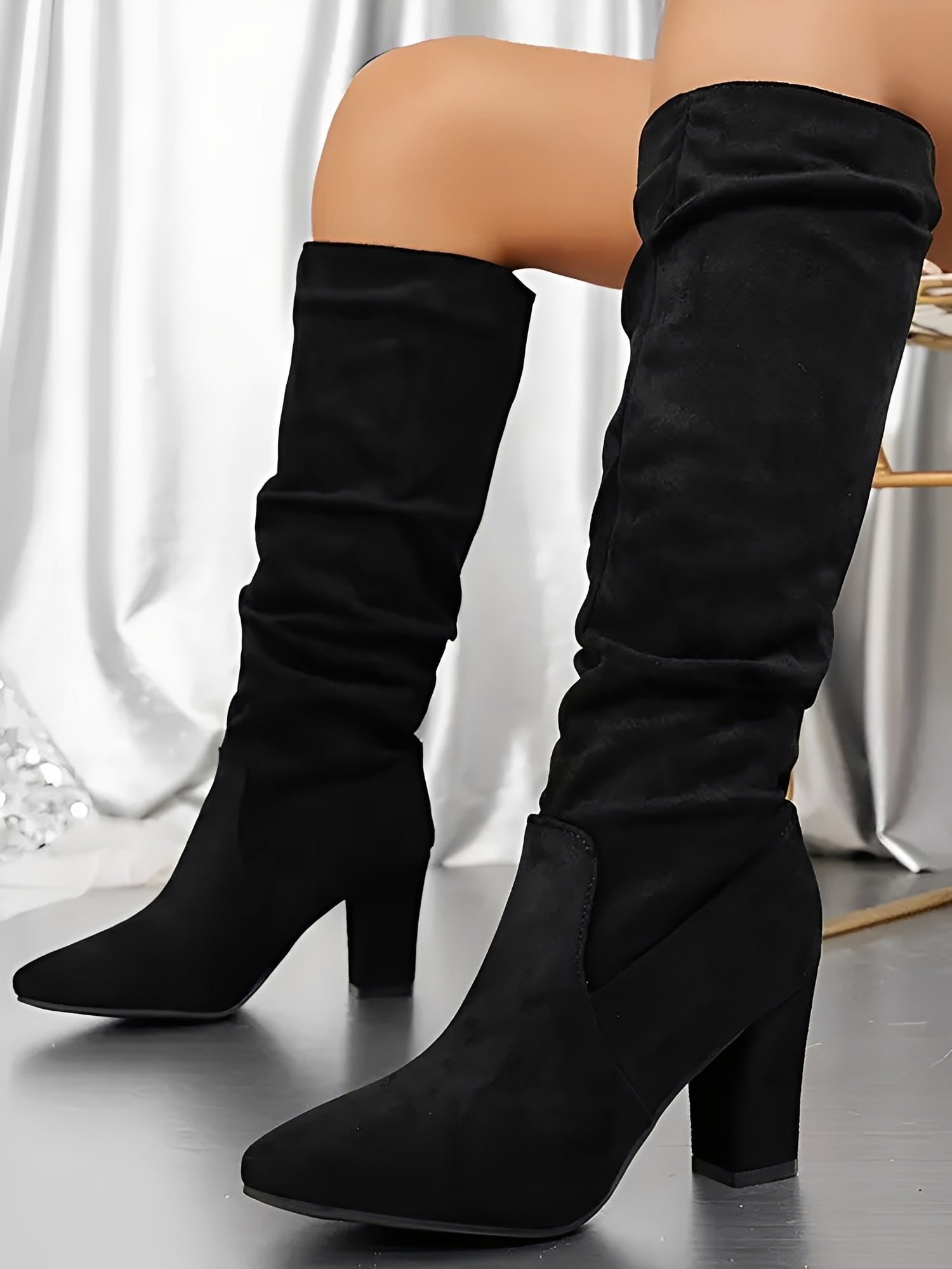 Women Knee High Boots Pull On Pointed Toe Block Heel - Evergreen Outfits - Women Boots